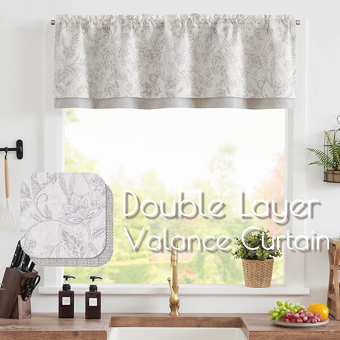 jinchan Linen Valance Curtain Farmhouse Grey Floral Printed Small Window Curtain - Image 2