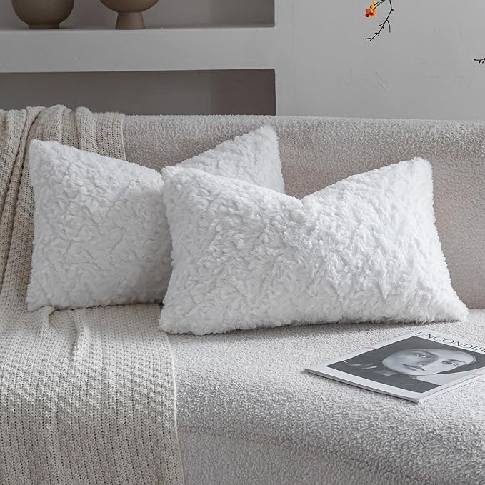 Neelvin Set of 2 Faux Fur Throw Pillow Covers 12x20 Inch White Cozy Soft Solid by Neelvin