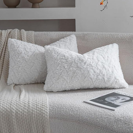 Neelvin Set of 2 Faux Fur Throw Pillow Covers 12x20 Inch White Cozy Soft Solid by Neelvin