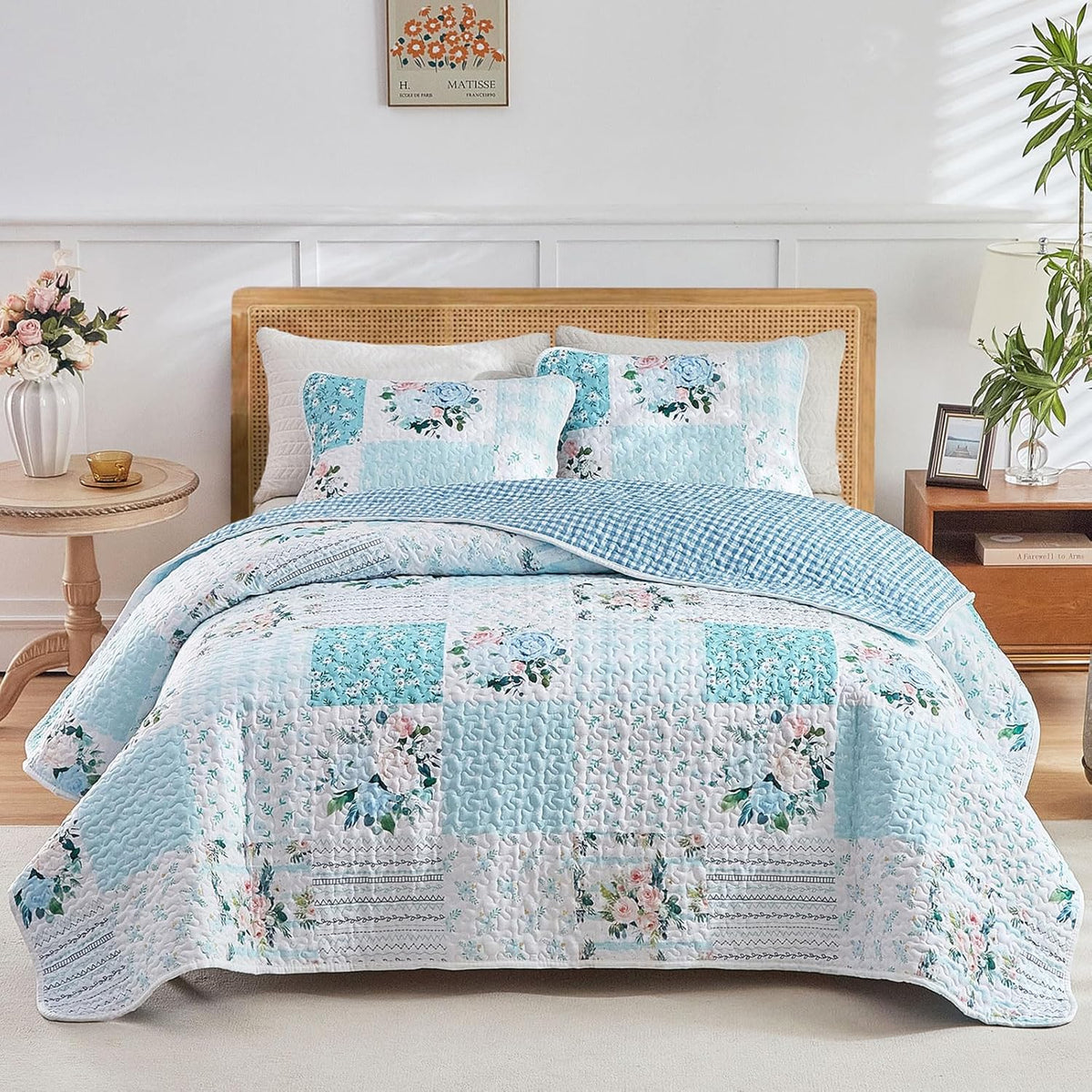 joyreap 3 pieces floral patchwork quilt set queen, main product view