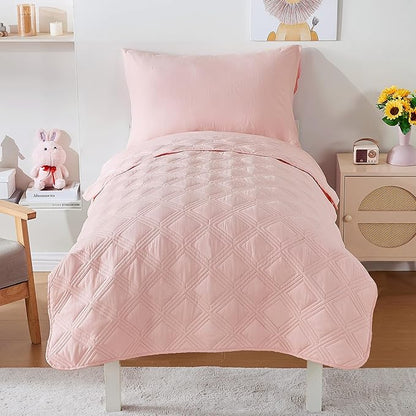 4 Piece Toddler Bedding Set for Girls Pink Geometric Stitched Soft Microfiber by Cozyholy