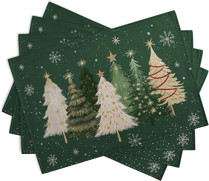 Green Christmas Tree Placemats Set of 4, 12x18 Inch Xmas Trees Snowflakes - Image 2