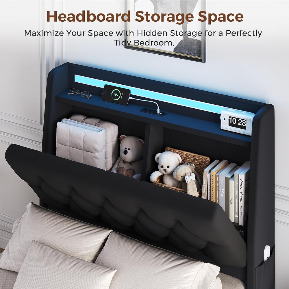 Twin LED Velvet Bed Frame with 2 Storage Drawers&Hidden Headboard, Uphols...