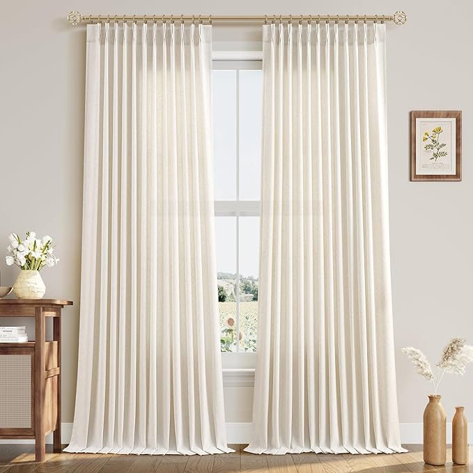 Natural Pinch Pleat Linen Curtains 102 Inch Length 2 Panels Set by Aersas