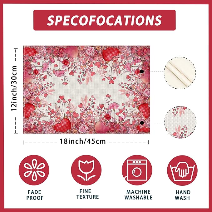 XCHI Wild Flowers Love Hearts Valentine’s Day Placemats Set of 4 Table Mats - Image 5