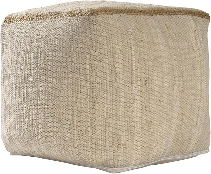 LR Home Birch/Silver Bordered Hand-Loomed Cotton Blend Cube Pouf - Image 3