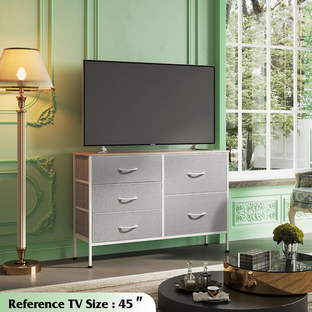 WLIVE 5 Drawer Fabric Dresser for Bedroom, Wide Storage Chest, Light Grey