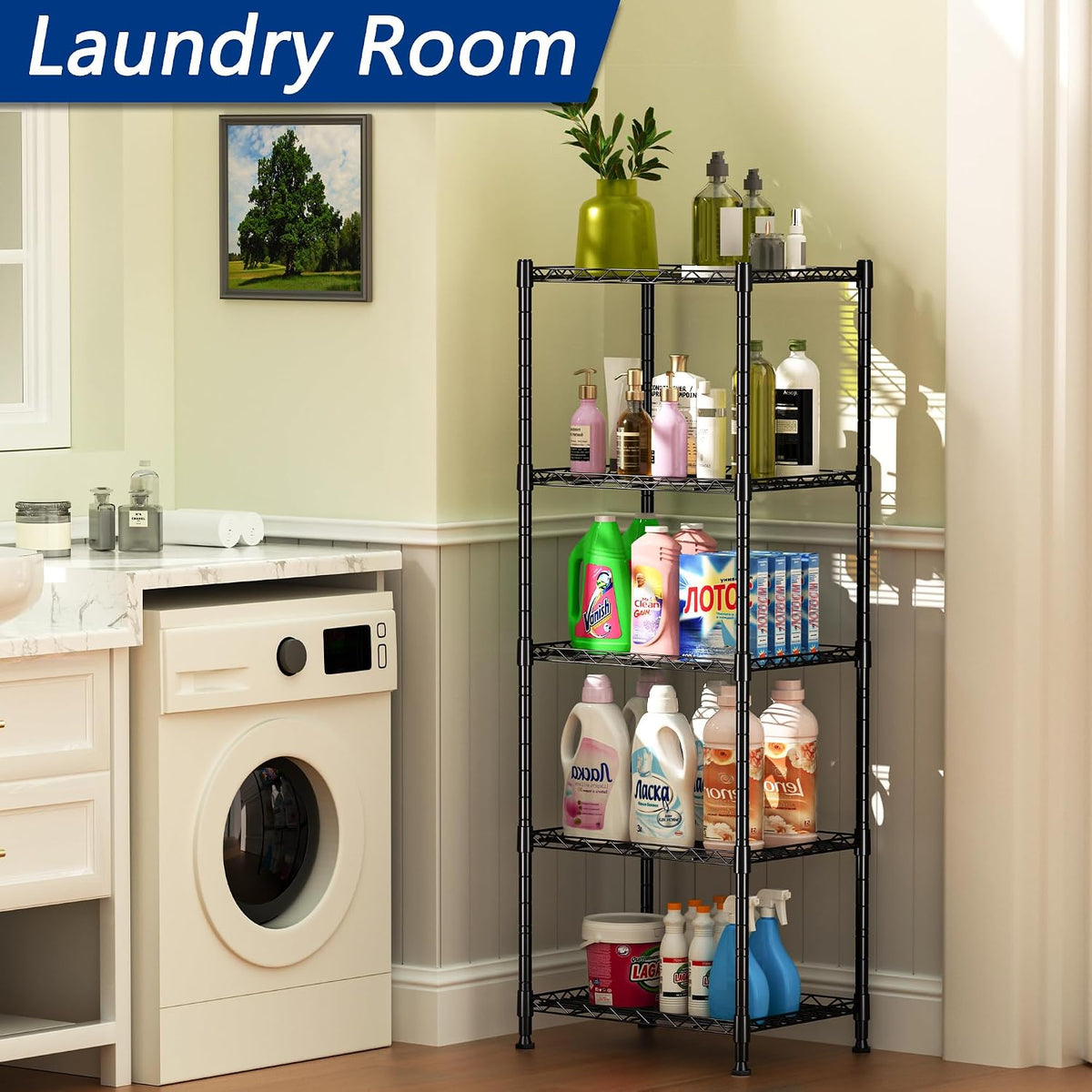 regiller 5-wire shelving metal storage rack adjustable shelves,standing, side view
