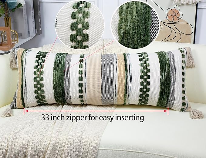 PANOD Boho Long Lumbar Throw Pillow Cover 14 x 36 Dark Green, Chenille Morocan - Image 4