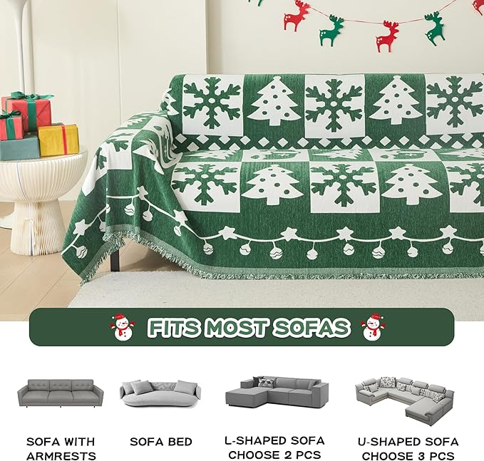 MEETSKY Christmas Couch Cover for Sectional Sofa, Chenille Loveseat Green Sofa - Image 7