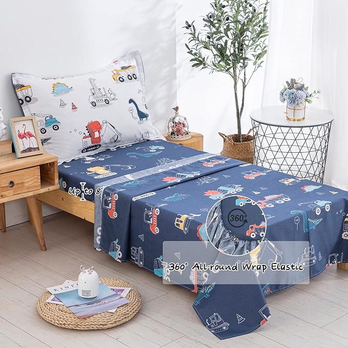 DJY 4 Pieces Cotton Toddler Bedding Set, Dinosaur Cars Reversible Toddler Bed - Image 6