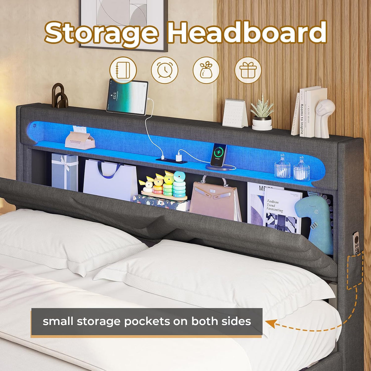 hauoms led floating bed frame full size with, close-up detail