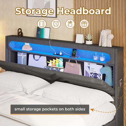 hauoms led floating bed frame full size with, close-up detail