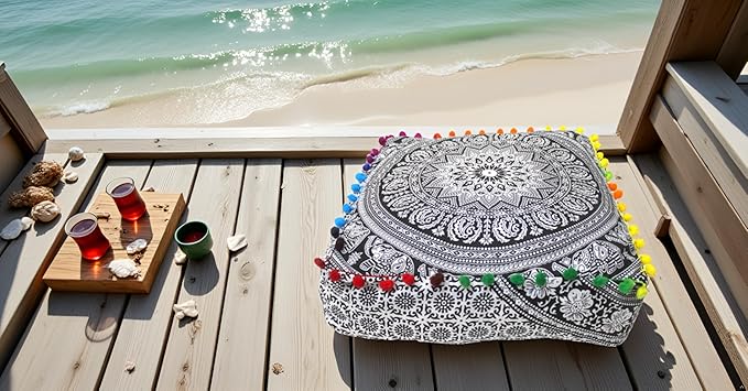 CRAFT KALA Black Elephant Flower Large Hippie Mandala Meditation Floor Ottoman - Image 2