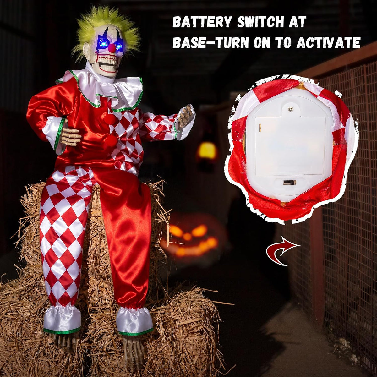 Halloween Animatronic Sitting Clown Decoration–Sound Activated Creepy Clown Prop with Shaking Body, Glowing Eyes & Scary Voice–Indoor/Outdoor Halloween Decor for Yard, Haunted House, Party (48")