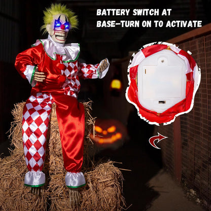 Halloween Animatronic Sitting Clown Decoration–Sound Activated Creepy Clown Prop with Shaking Body, Glowing Eyes & Scary Voice–Indoor/Outdoor Halloween Decor for Yard, Haunted House, Party (48")