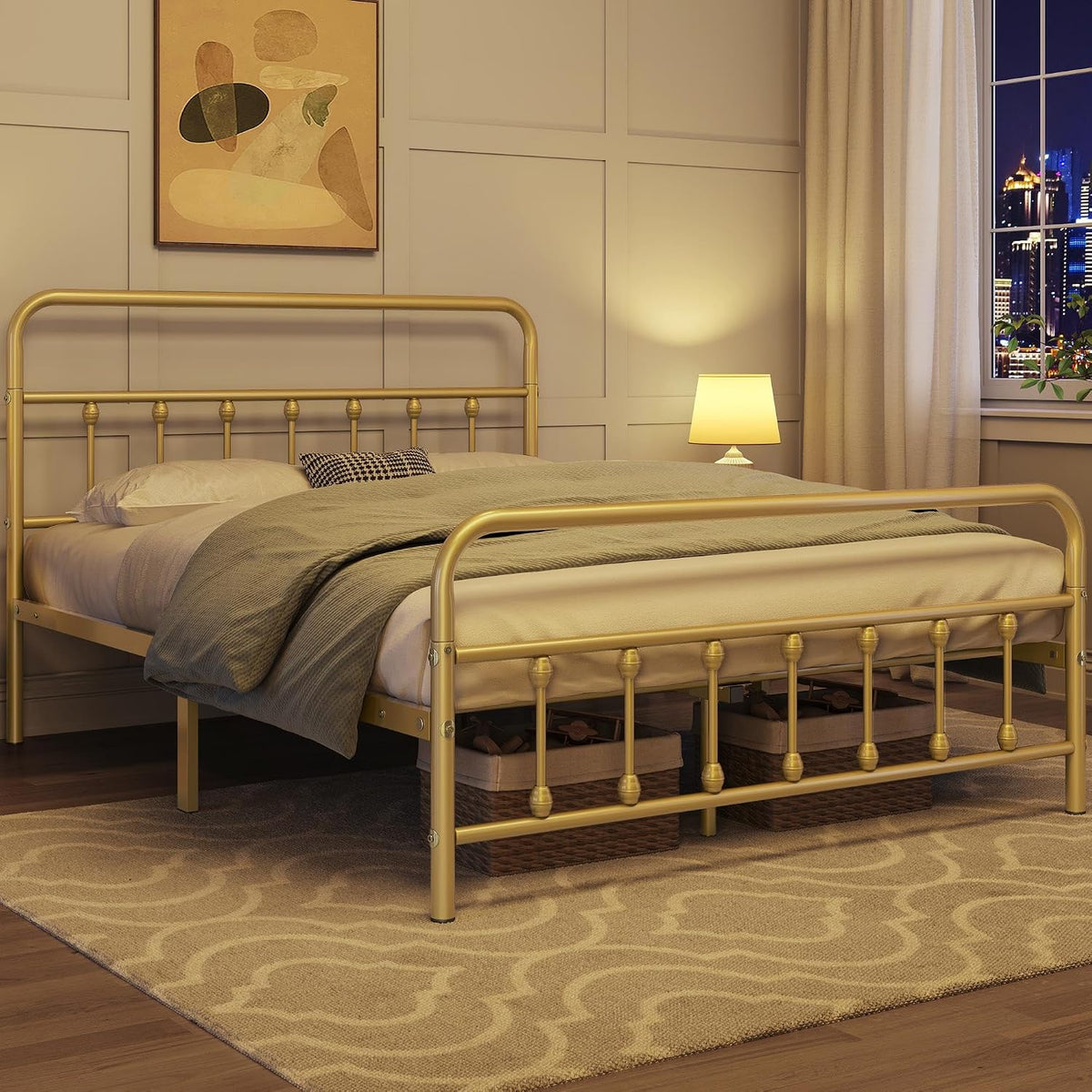 topeakmart full metal bed frame, victorian style headboard, close-up detail