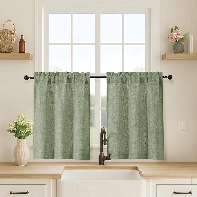 OVZME Green Cafe Curtains 30 Inch Length, Light Filtering Faux Linen Textured by OVZME