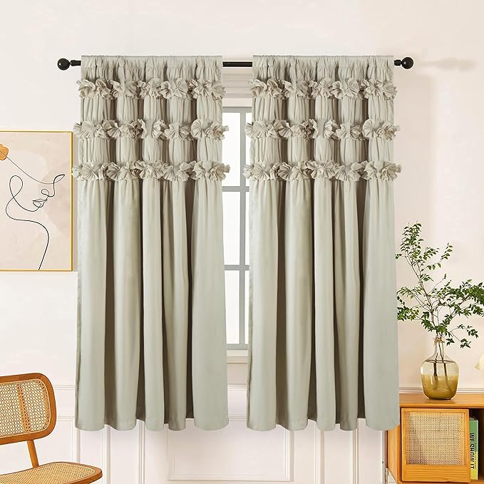 Camel Blackout Curtains with Handmade Ruffles, Butterfly Flower Embellishments by Homechoice+Decor
