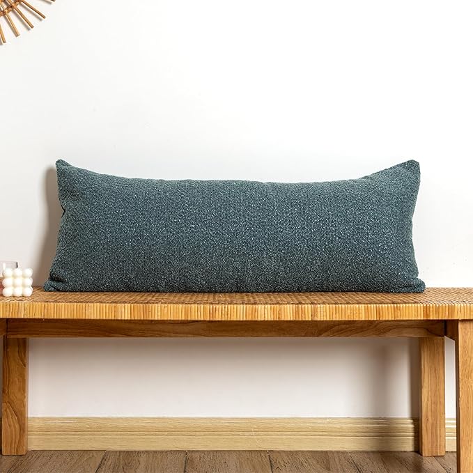 14x36 Boucle Lumbar Pillow Cover, Dusty Blue Woven Texture Neutral Long Pillow by JoraLion