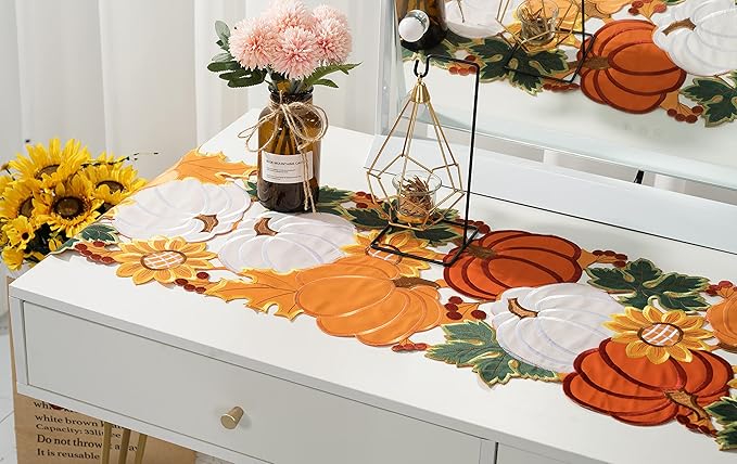 Thanksgiving Table Runner Embroidery Cutout Pumpkin Fall Table Runners Kitchen - Image 5