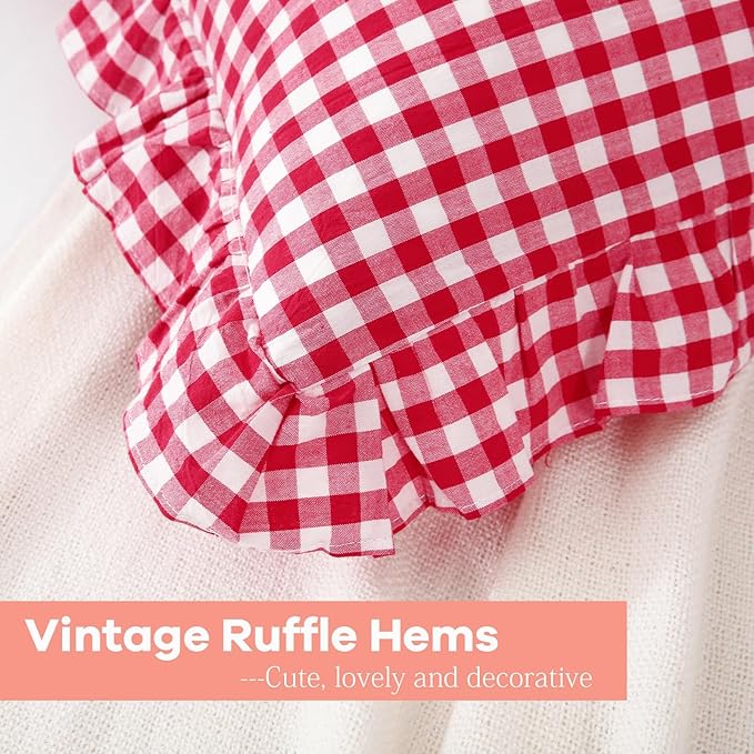 2 Pack Red White Plaid Ruffle Gingham King Size Pillow Shams, 100% Yarn-Dyed - Image 5