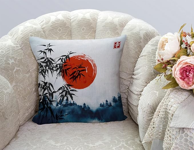 TSSOHU Throw Pillow Cover Japanese Bamboo Pillow case Asian Ink Painting Black - Image 2