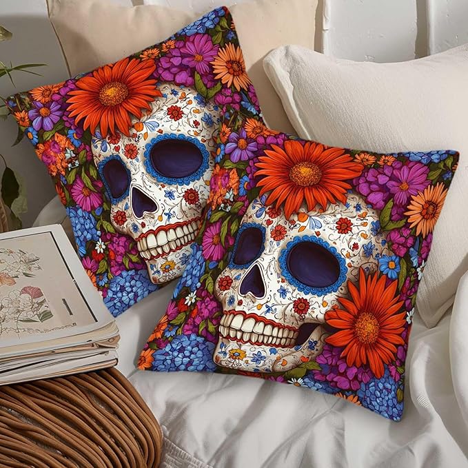 Day of The Dead Skull Throw Pillow Covers 18x18 Set of 2 | Sugar Skull - Image 5