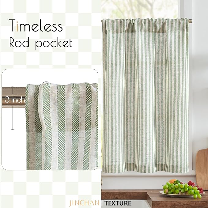 jinchan Striped Linen Kitchen Curtains 30 Inches Length Tier Curtains Farmhouse - Image 3
