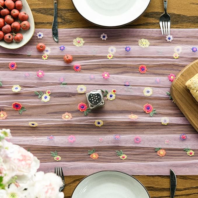 Artoid Mode Pink Embroidery Daisy Spring Gauze Table Runner 59x120 Inch 10FT - Image 4
