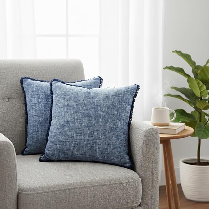 18×18 Blue Textured Cotton Throw Pillow Covers - Image 4