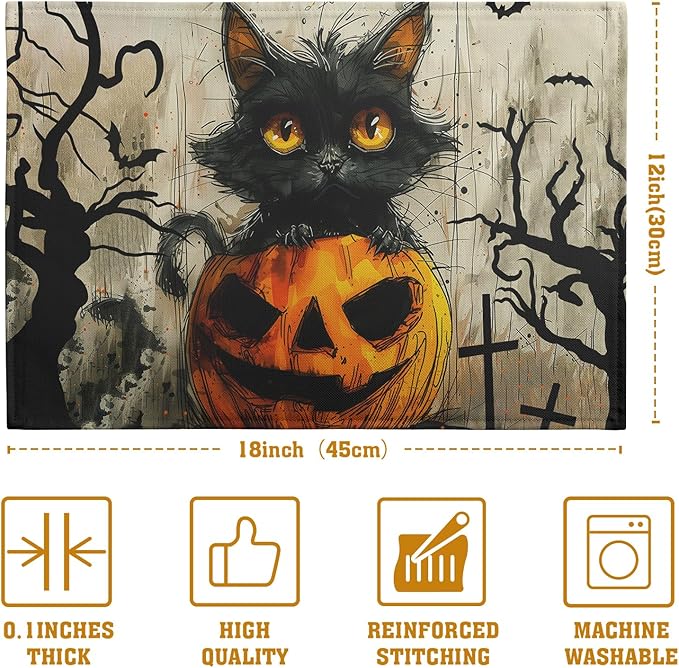 Halloween Black Cat Pumpkin 12x18 Placemats Set of 4 Happy Halloween Bat Branch - Image 4