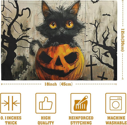 Halloween Black Cat Pumpkin 12x18 Placemats Set of 4 Happy Halloween Bat Branch - Image 4