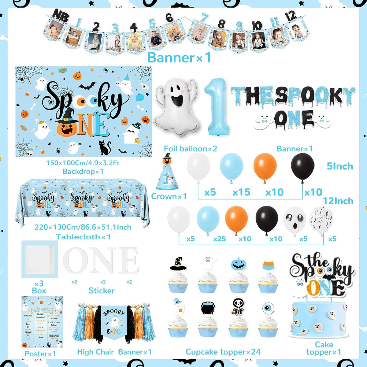 Spooky One Birthday Decorations Boy,123pcs Halloween 1st Birthday Party Decorations The Spooky One Banner Backdrop Tablecloth Cake Topper Balloon Arch for First birthday Halloween Decor