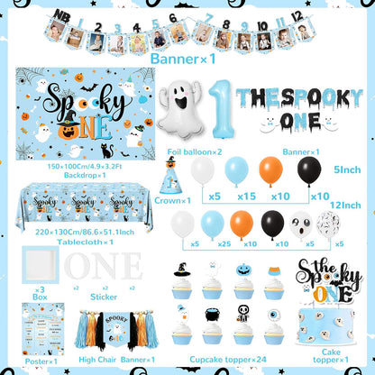 Spooky One Birthday Decorations Boy,123pcs Halloween 1st Birthday Party Decorations The Spooky One Banner Backdrop Tablecloth Cake Topper Balloon Arch for First birthday Halloween Decor