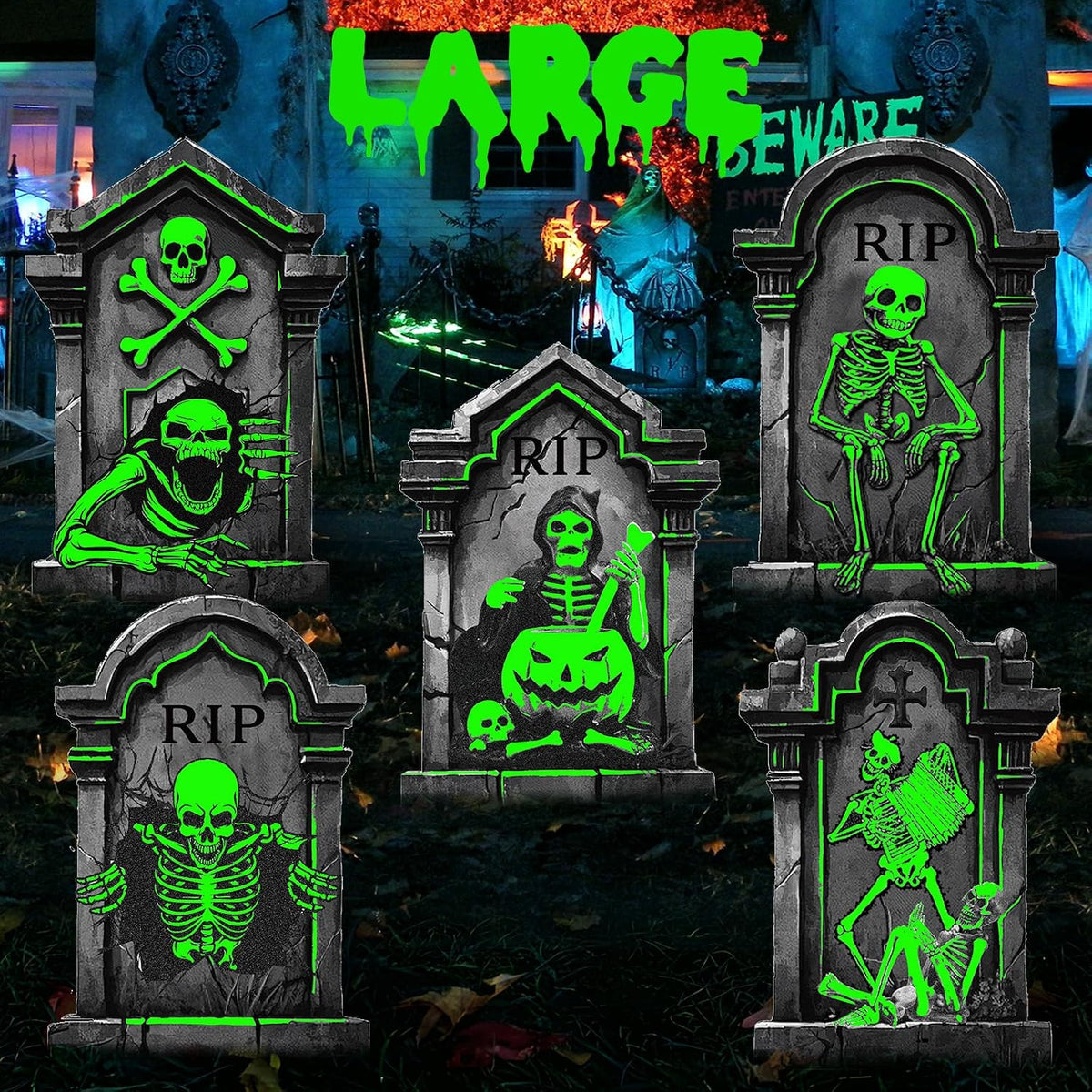 25.2in Halloween Tombstones Outdoor Decor Glow in The Dark - 5PCS Large Tombstones for Graves Halloween Gravestones Decorations Yard Signs