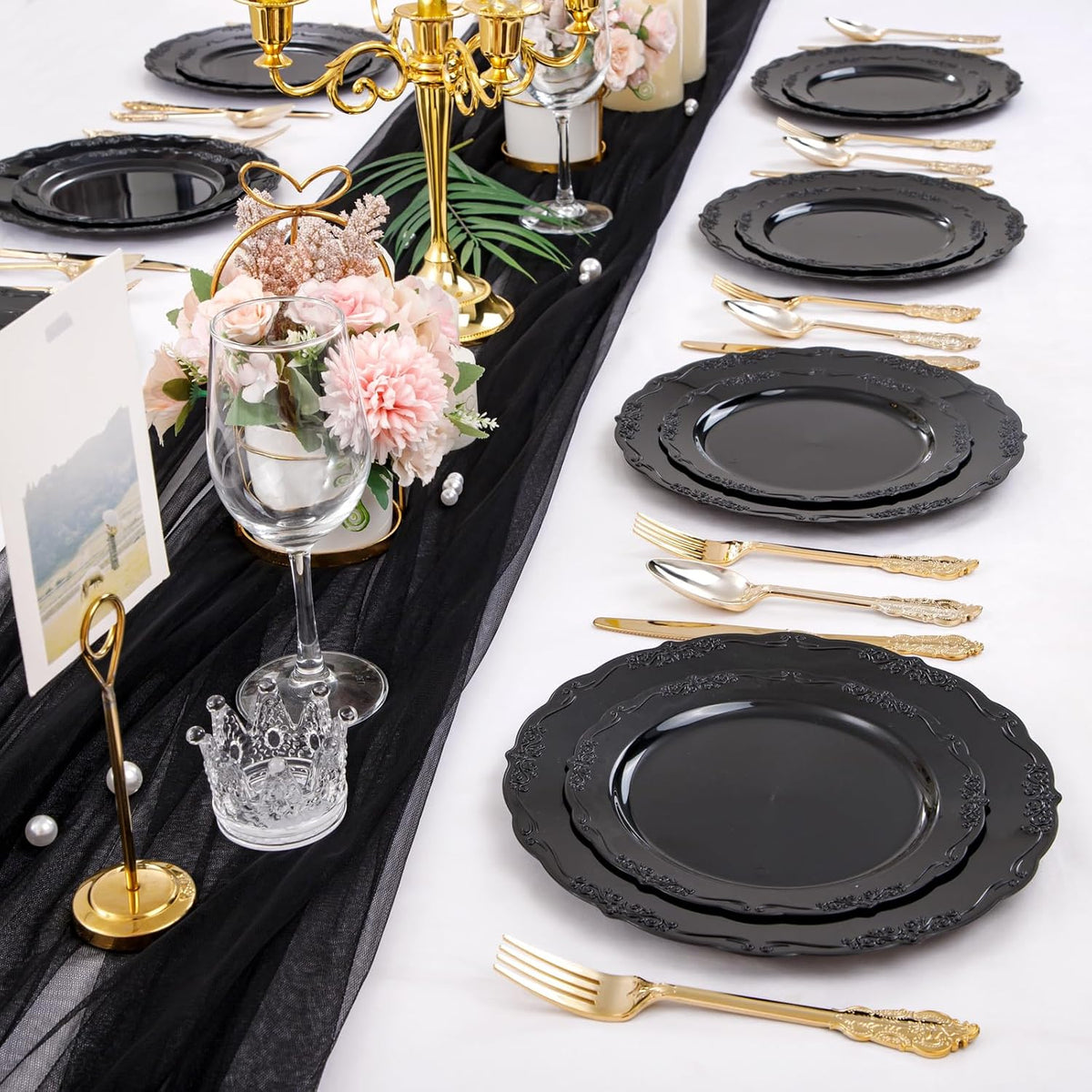 U-QE 100PCS Black Plastic Plates, Heavy Duty Black Plates Halloween