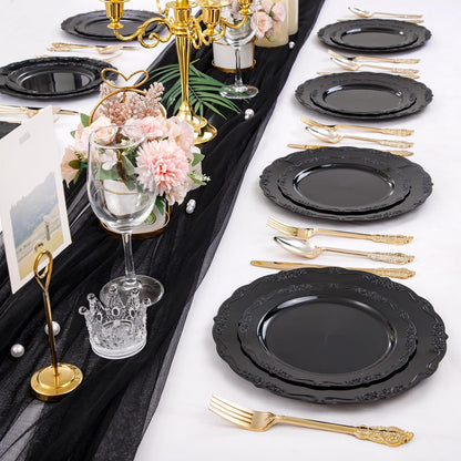 U-QE 100PCS Black Plastic Plates, Heavy Duty Black Plates Halloween