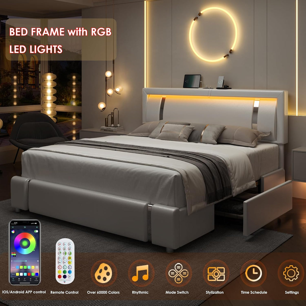 keyluv king size bed frame with rgb led on a desk or shelf