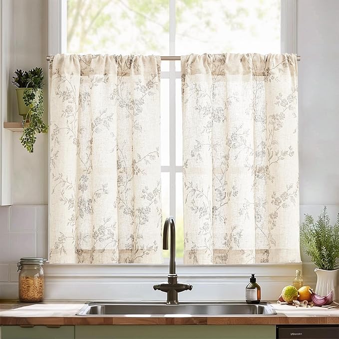 jinchan Floral Kitchen Curtains 36 Inch Linen Tier Curtains Farmhouse Cafe Half by JINCHAN
