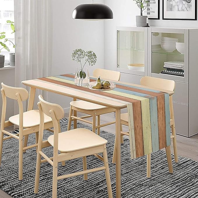 Blue White Fresh Wood Table Runner Abstract Strip Wood Texture Kitchen Dinner - Image 4