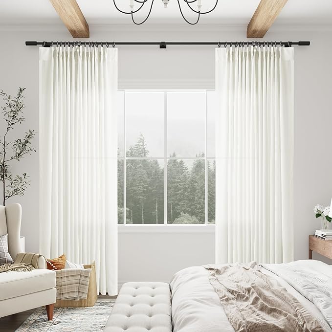 Ivory White Pinch Pleat Linen Curtains 120 Inch Length 2 Panels Set - Image 6