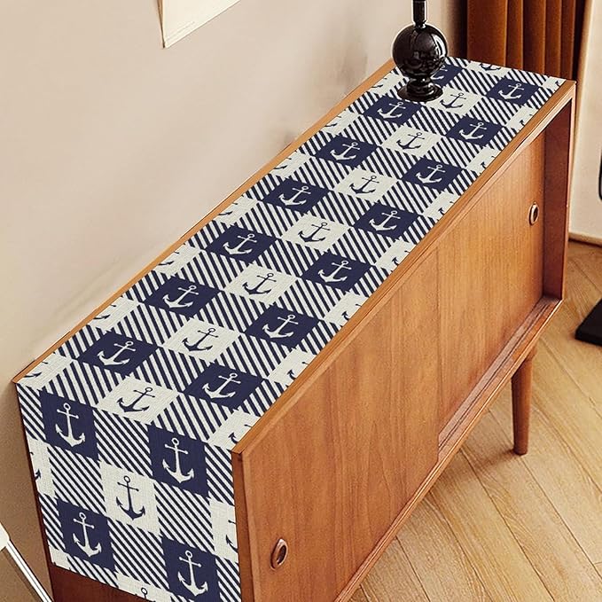 Anchor Table Runner, Nautical Navy Blue Retro Sailing Seasonal Anchor Print - Image 3