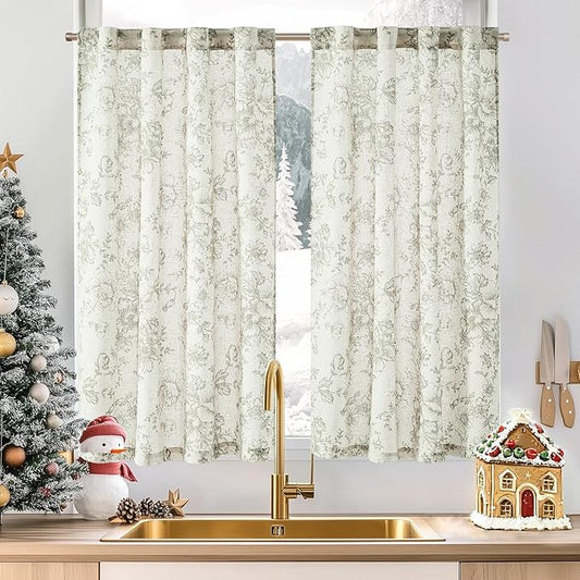 jinchan Linen Floral Tier Curtains 54 Inch Christmas Decorations Farmhouse by JINCHAN