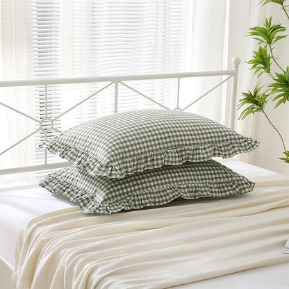 2 Pack Sage Green Gingham Ruffle Pillow Shams King Size, 100% Washed Cotton - Image 3