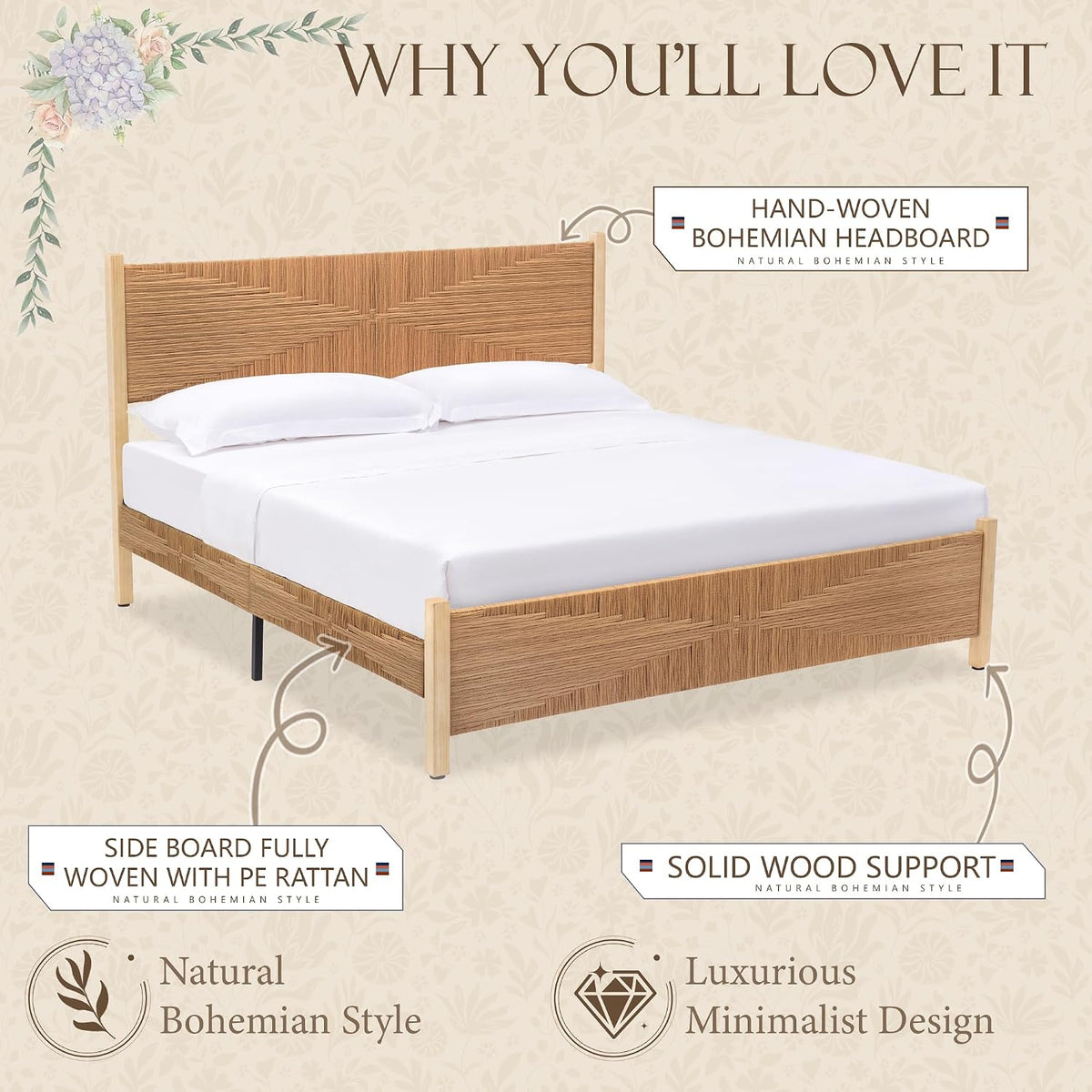 yechen solid wood rattan king bed frame with, package contents