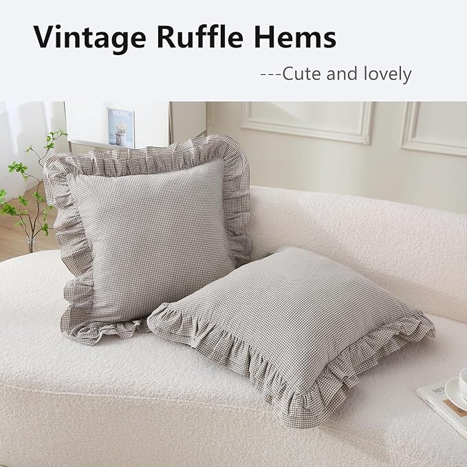 Aryeleay 2 Pack Brown White Plaid Gingham Ruffle Pillow Shams, 100% Washed - Image 3