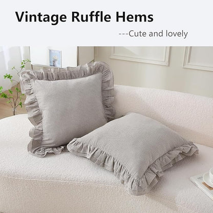 Aryeleay 2 Pack Brown White Plaid Gingham Ruffle Pillow Shams, 100% Washed - Image 3