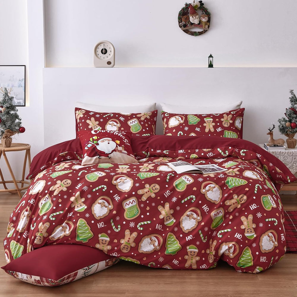 Luxudecor Christmas Duvet Cover Set Queen Size 3 Pieces,Red Christmas Duvet C...