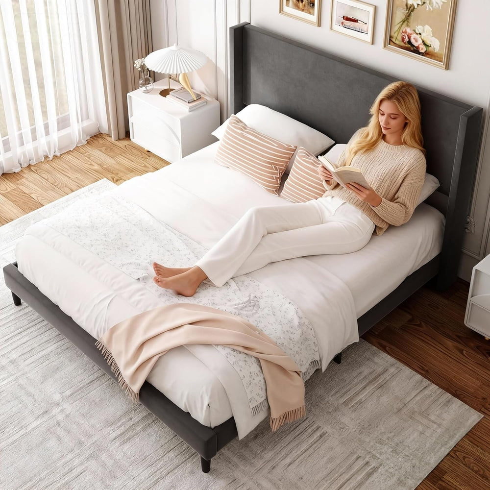Sismplly Full Bed Frame with Wingback Headboard, Velvet Upholstered Platform ...